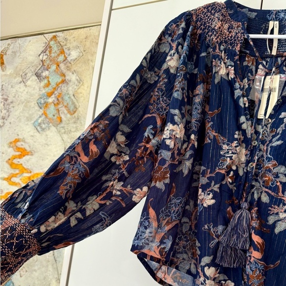 NWT Size XS (P2P 20”) - By Anthropologie Long-Sleeve Smocked Lurex Top - Picture 16 of 16